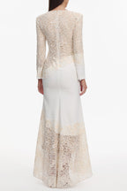 Jacqueline Beige lace Embroidered long sleeve Maxi Dress Avalabel