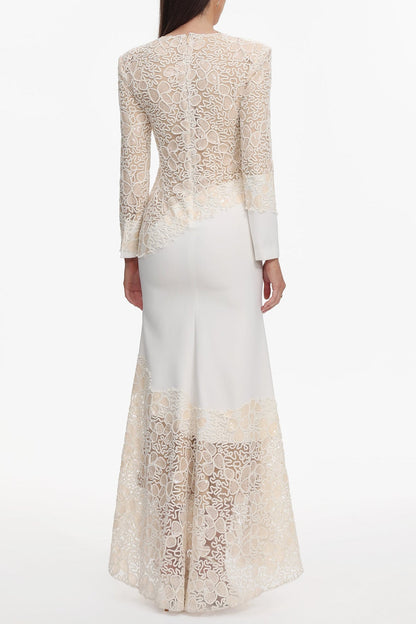 Jacqueline Beige lace Embroidered long sleeve Maxi Dress