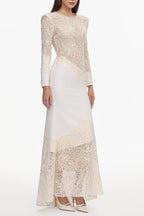Jacqueline Beige lace Embroidered long sleeve Maxi Dress Avalabel