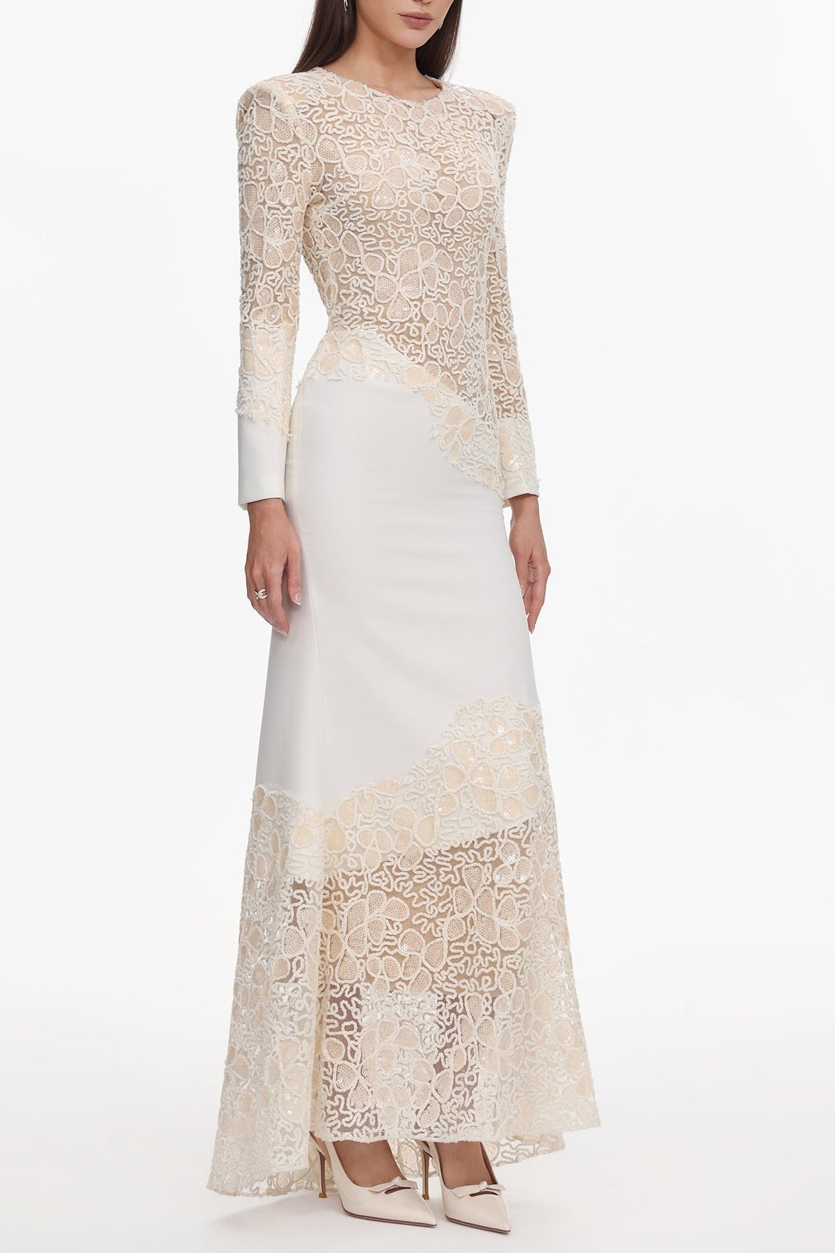 Jacqueline Beige lace Embroidered long sleeve Maxi Dress Avalabel