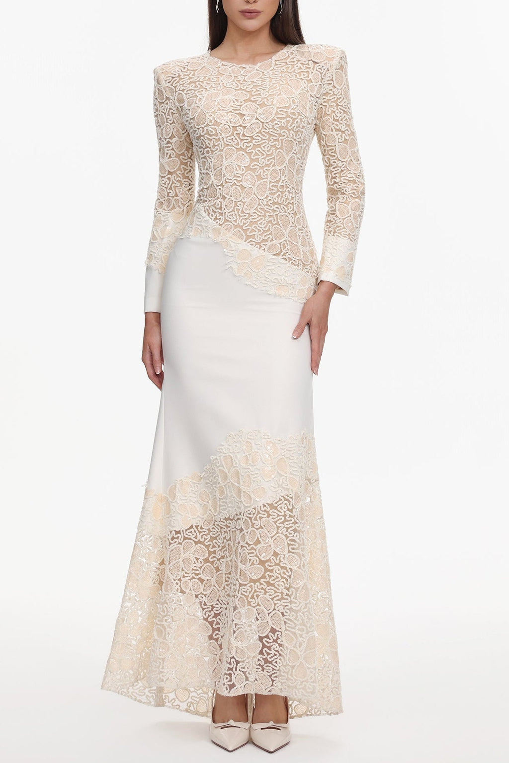 Jacqueline Beige lace Embroidered long sleeve Maxi Dress Avalabel