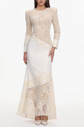 Jacqueline Beige lace Embroidered long sleeve Maxi Dress Avalabel
