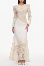 Jacqueline Beige lace Embroidered long sleeve Maxi Dress Avalabel