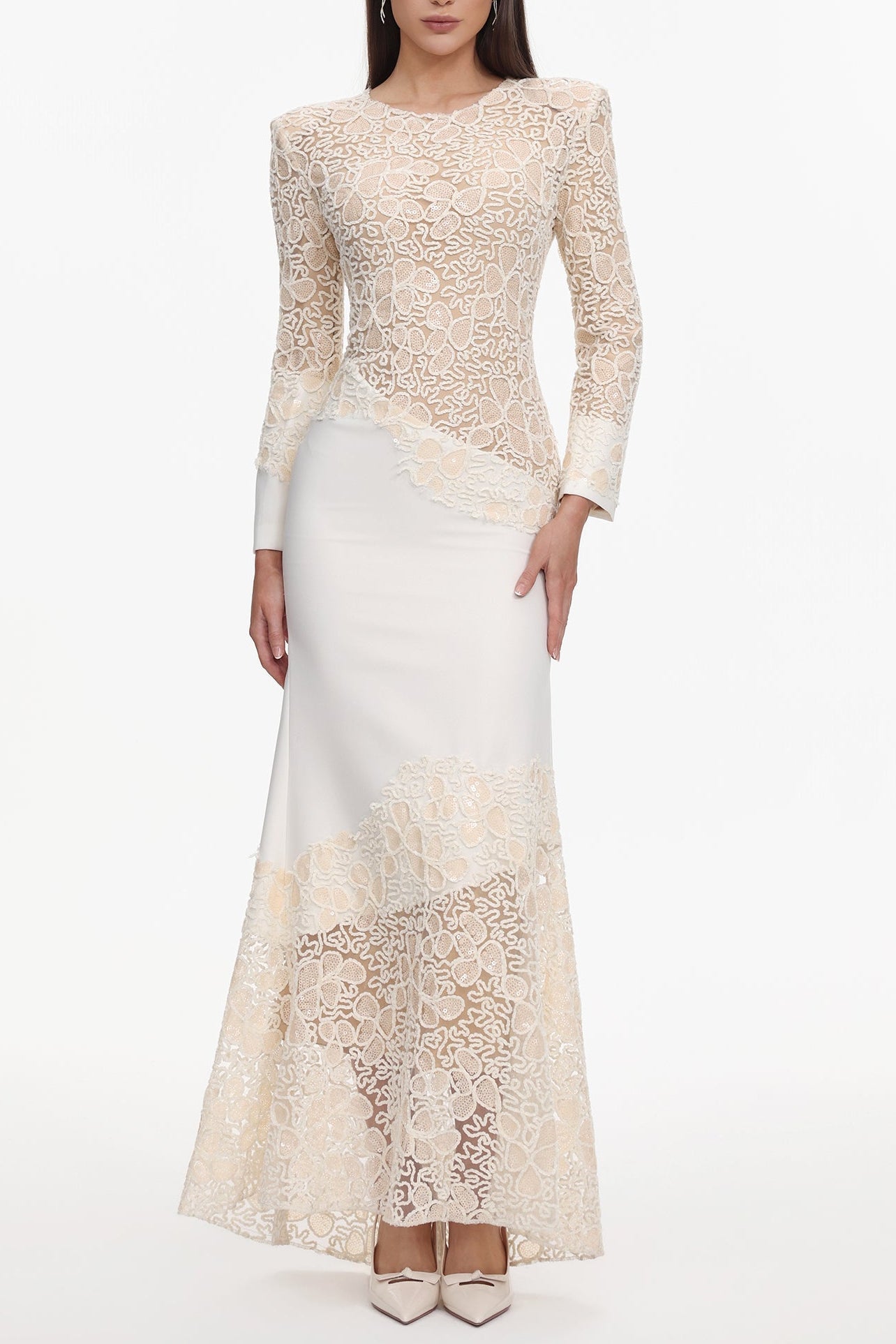 Jacqueline Beige lace Embroidered long sleeve Maxi Dress Avalabel