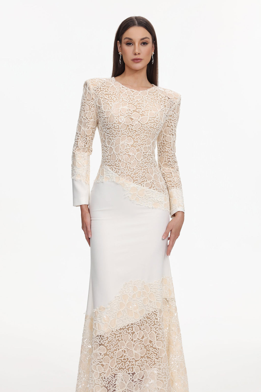 Jacqueline Beige lace Embroidered long sleeve Maxi Dress Avalabel