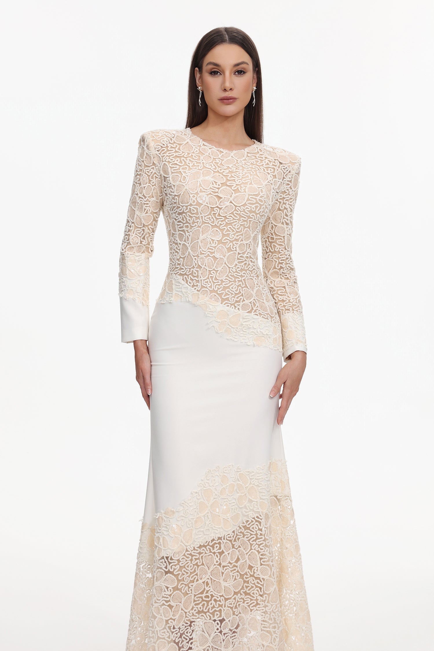 Jacqueline Beige lace Embroidered long sleeve Maxi Dress Avalabel