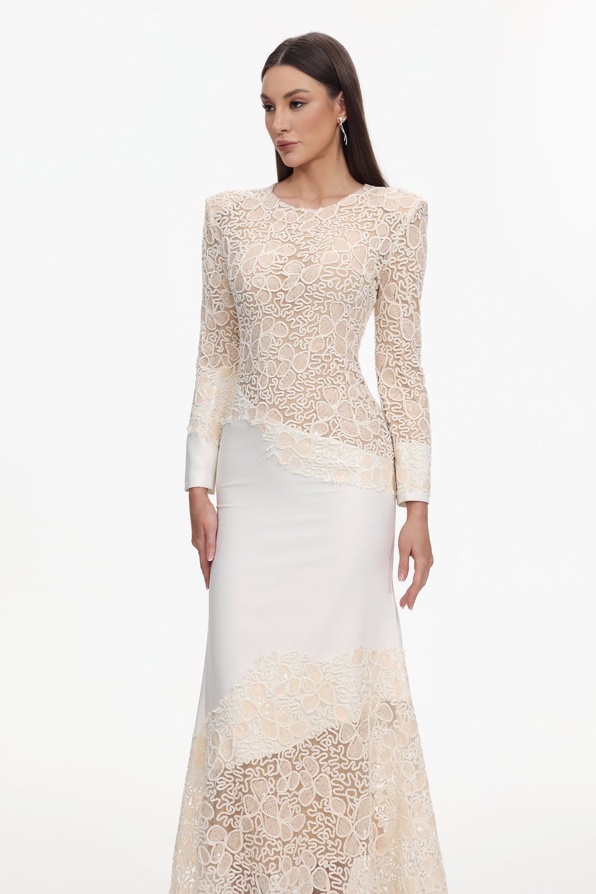 Jacqueline Beige lace Embroidered long sleeve Maxi Dress Avalabel