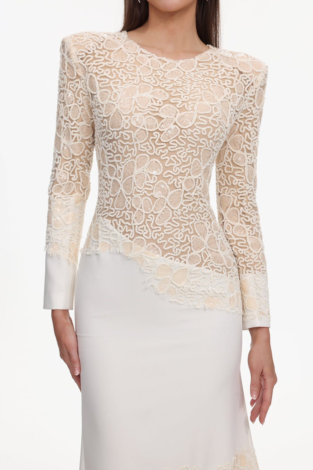 Jacqueline Beige lace Embroidered long sleeve Maxi Dress Avalabel