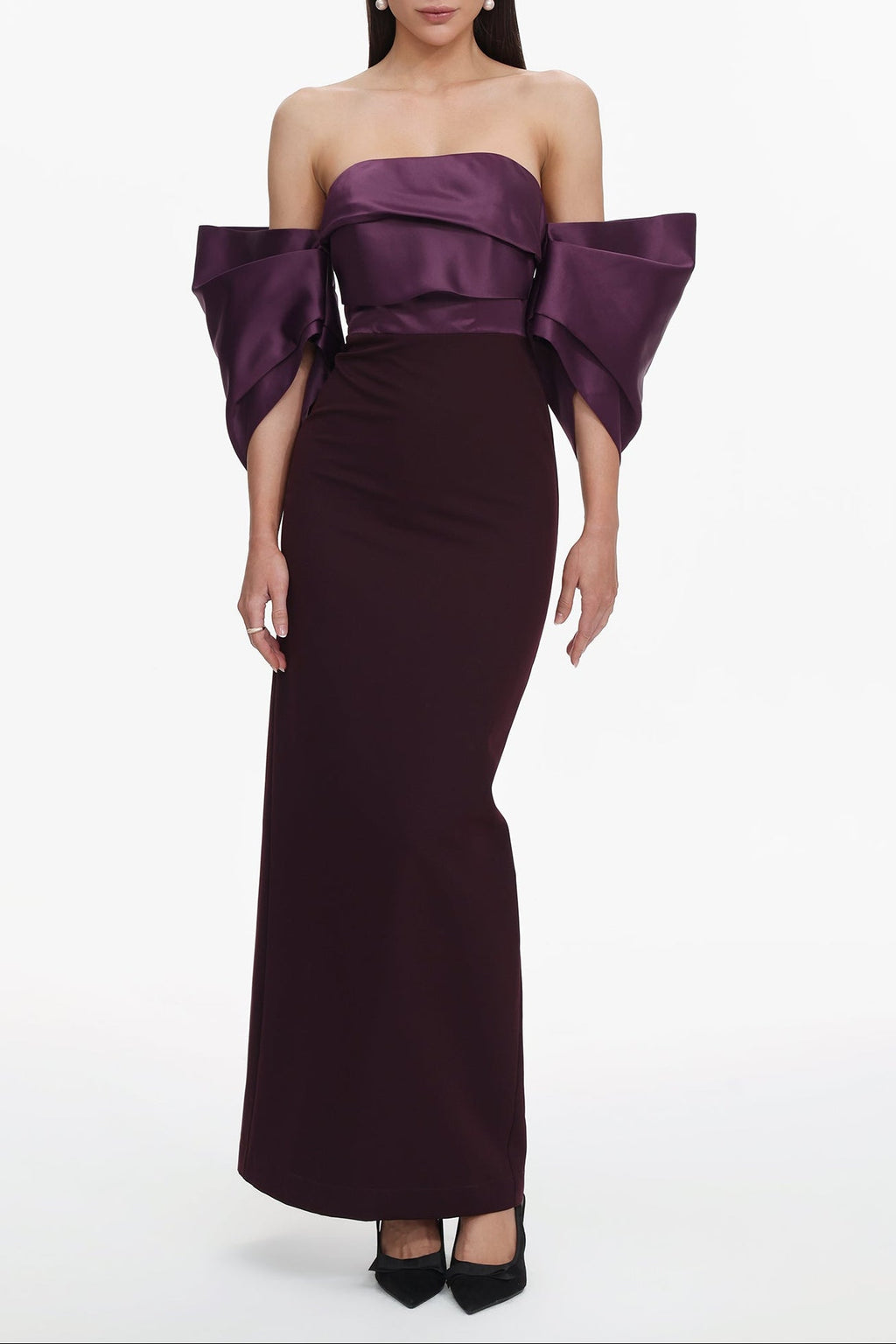 Sareka Off Shoulder Pleated Satin Maxi Dress Avalabel