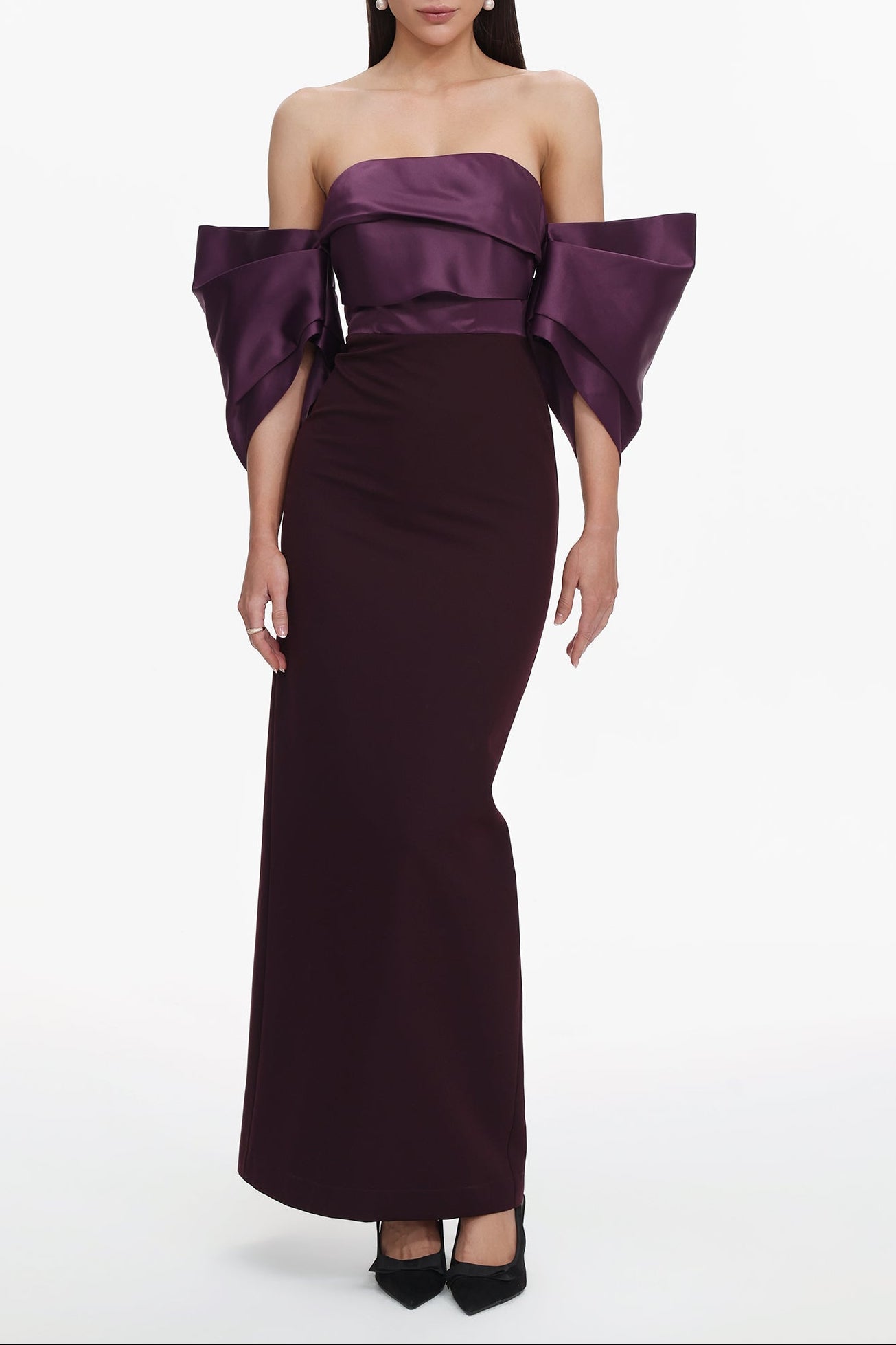 Sareka Off Shoulder Pleated Satin Maxi Dress Avalabel