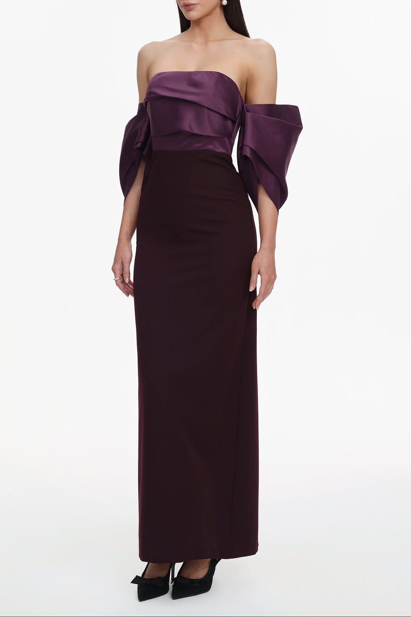 Sareka Off Shoulder Pleated Satin Maxi Dress Avalabel