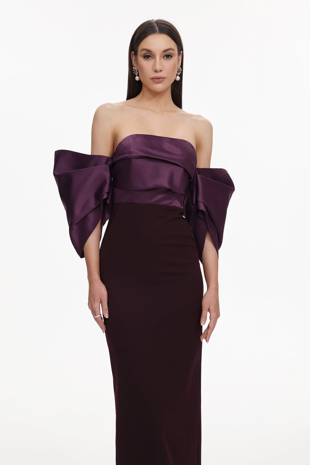 Sareka Off Shoulder Pleated Satin Maxi Dress Avalabel