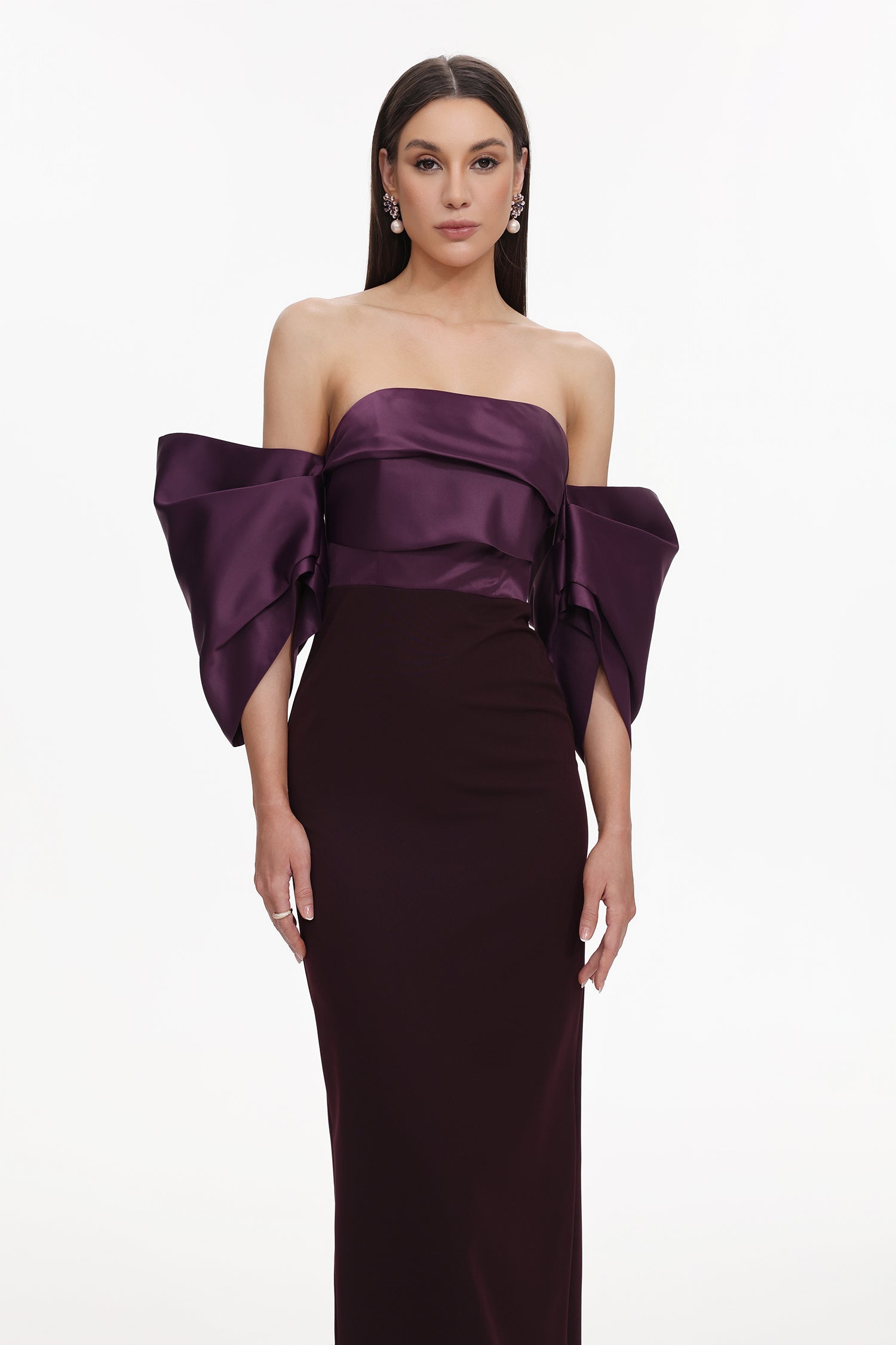 Sareka Off Shoulder Pleated Satin Maxi Dress Avalabel