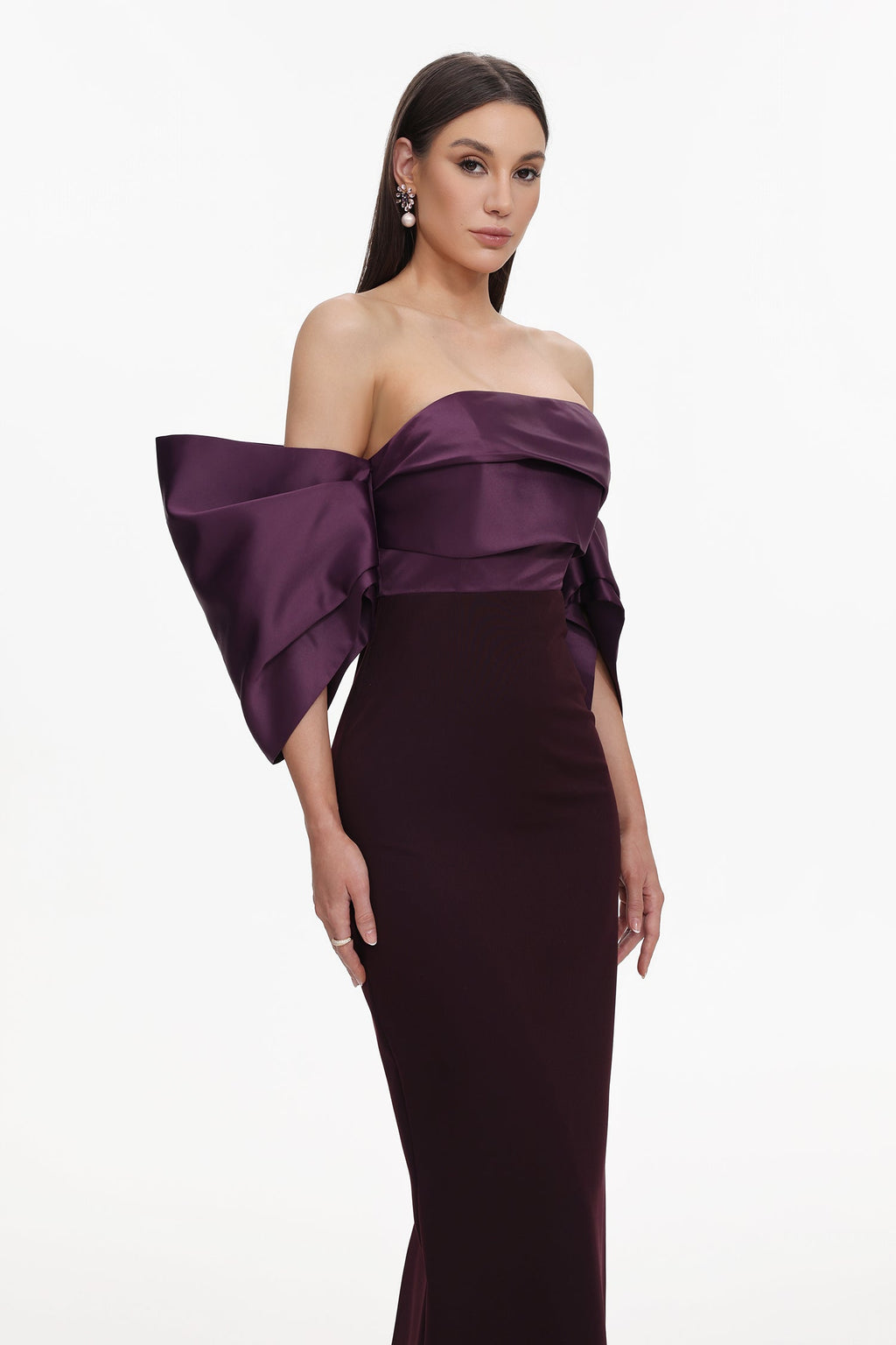 Sareka Off Shoulder Pleated Satin Maxi Dress Avalabel