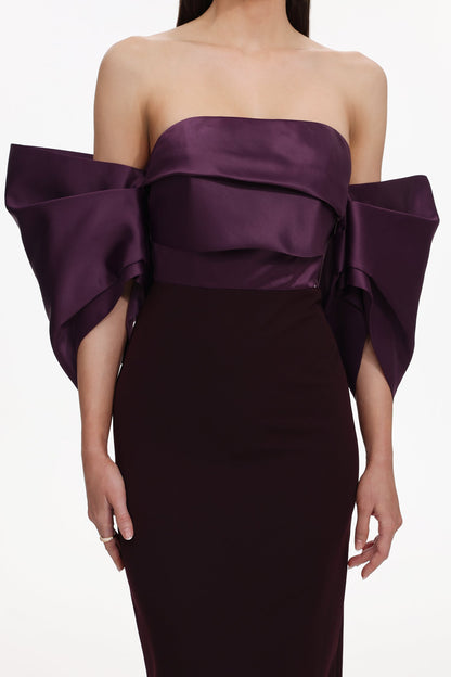 Sareka Off Shoulder Pleated Satin Maxi Dress Avalabel