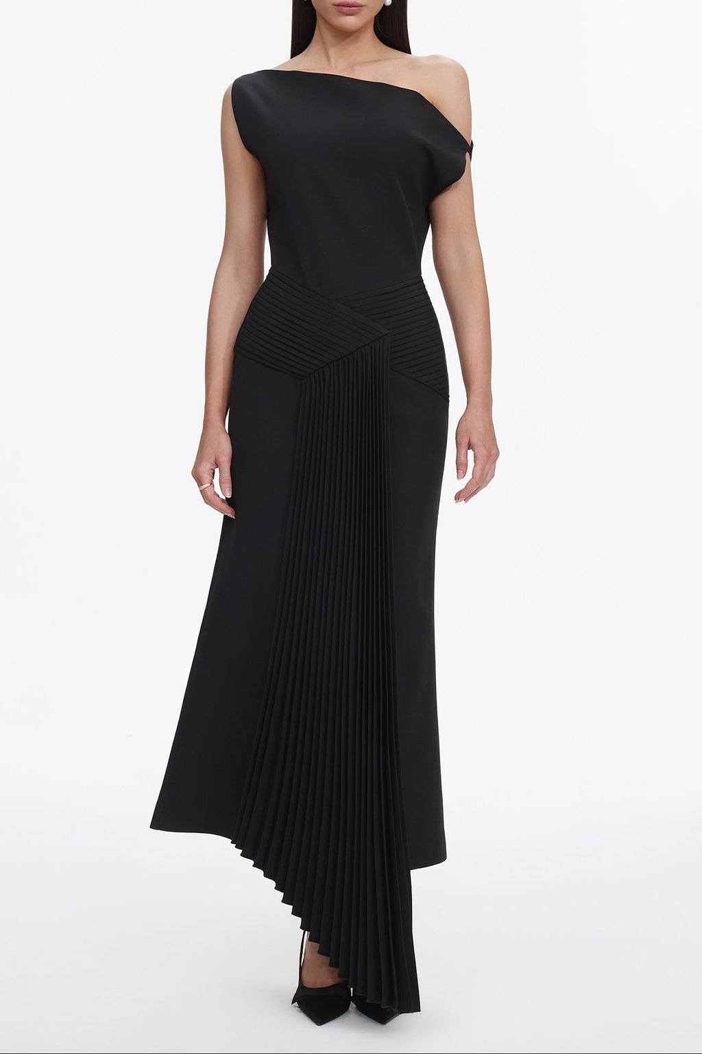 Juny Oblique Shoulder Sleeveless Folds Midi Dress Avalabel