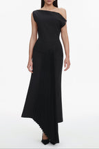 Juny Oblique Shoulder Sleeveless Folds Midi Dress Avalabel