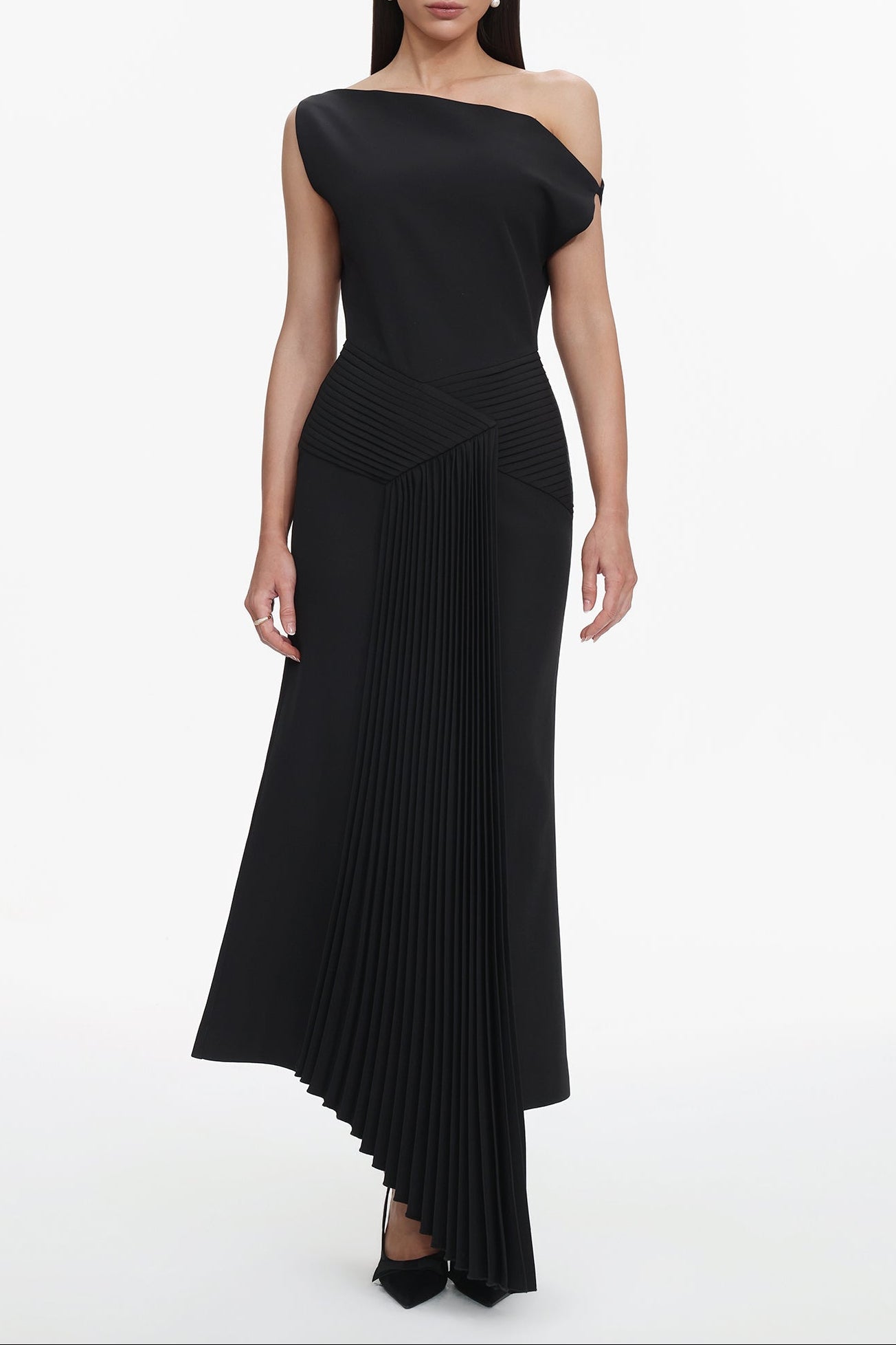 Juny Oblique Shoulder Sleeveless Folds Midi Dress Avalabel