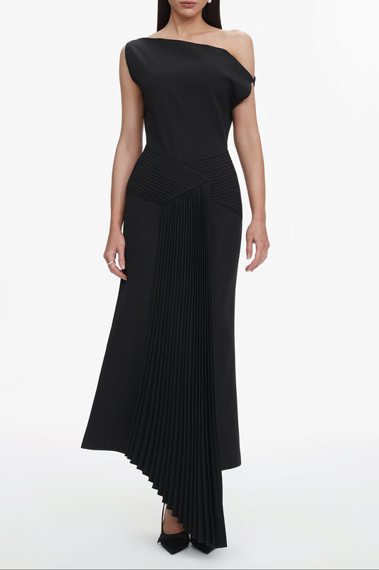 Juny Oblique Shoulder Sleeveless Folds Midi Dress