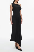Juny Oblique Shoulder Sleeveless Folds Midi Dress Avalabel