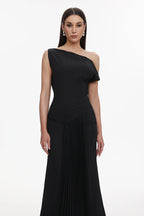 Juny Oblique Shoulder Sleeveless Folds Midi Dress Avalabel