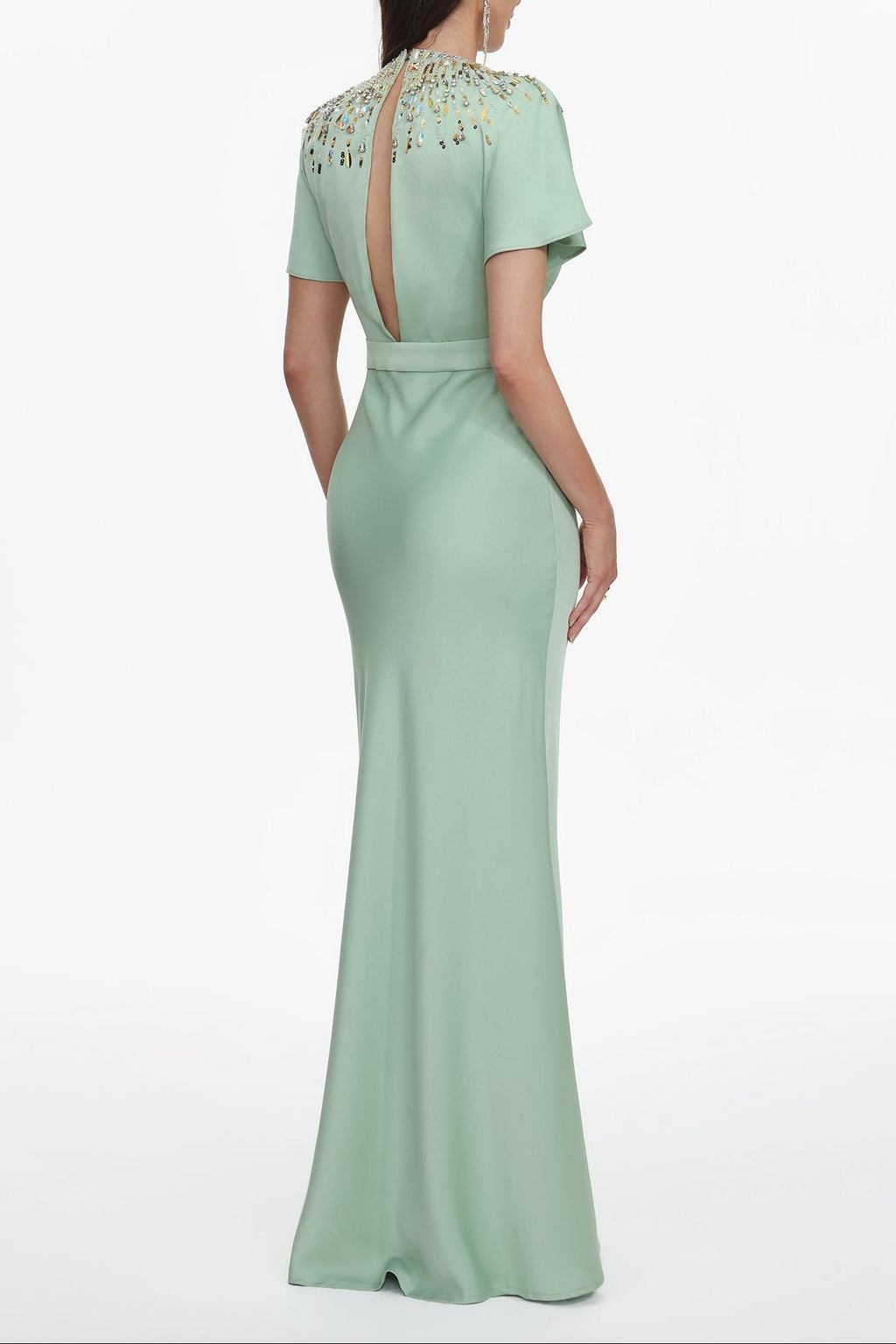 Lacey Short Sleeve Crystal Embellished Satin Maxi Dress Avalabel