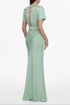 Lacey Short Sleeve Crystal Embellished Satin Maxi Dress Avalabel