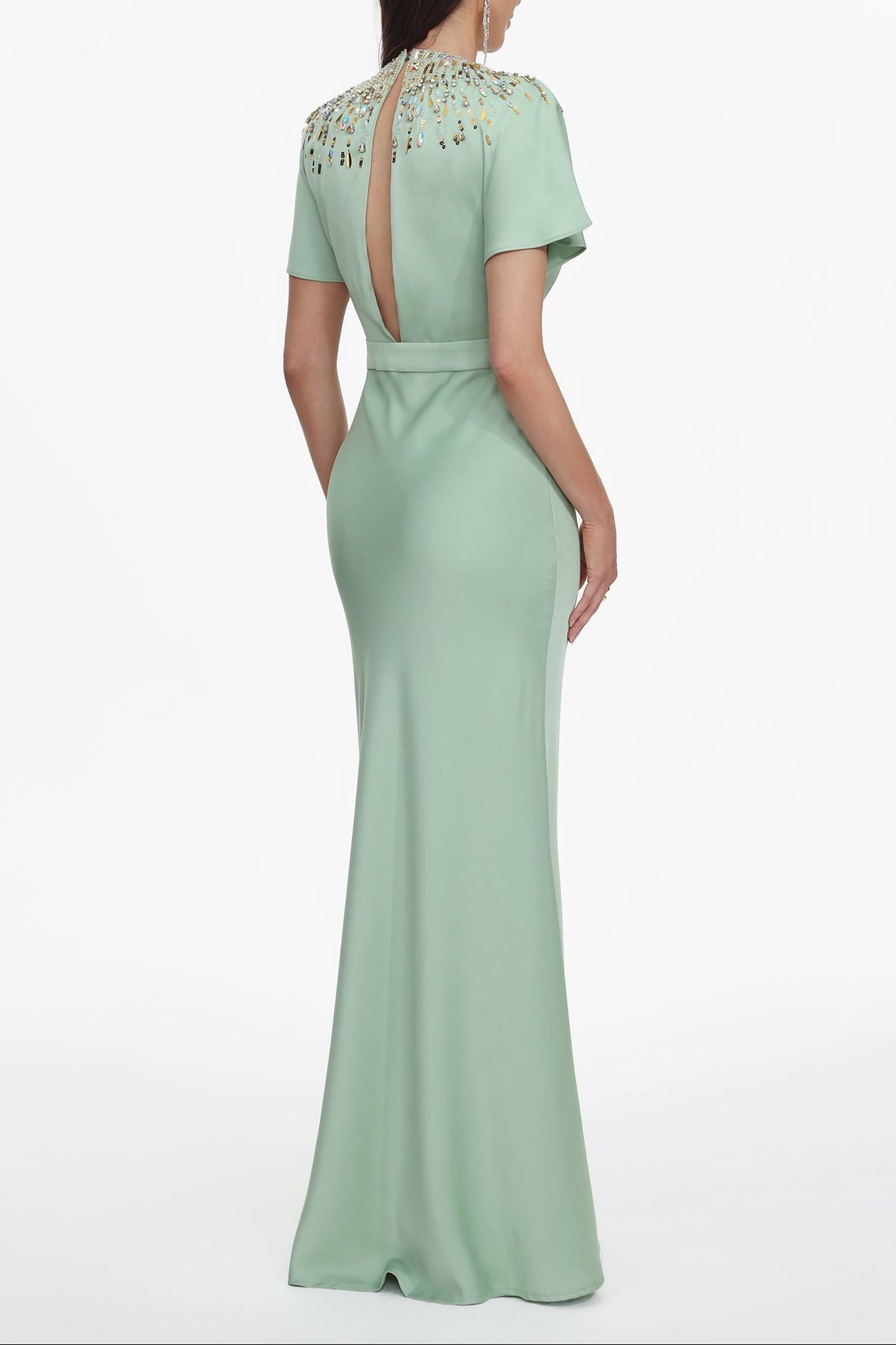 Lacey Short Sleeve Crystal Embellished Satin Maxi Dress Avalabel