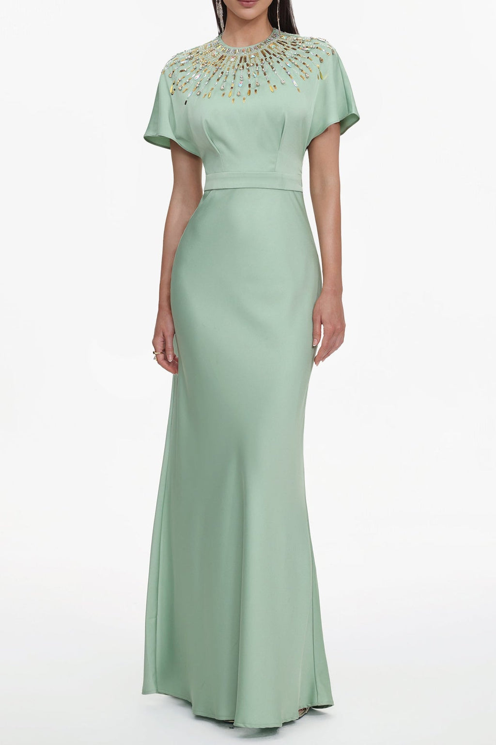 Lacey Short Sleeve Crystal Embellished Satin Maxi Dress Avalabel