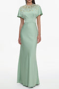 Lacey Short Sleeve Crystal Embellished Satin Maxi Dress Avalabel