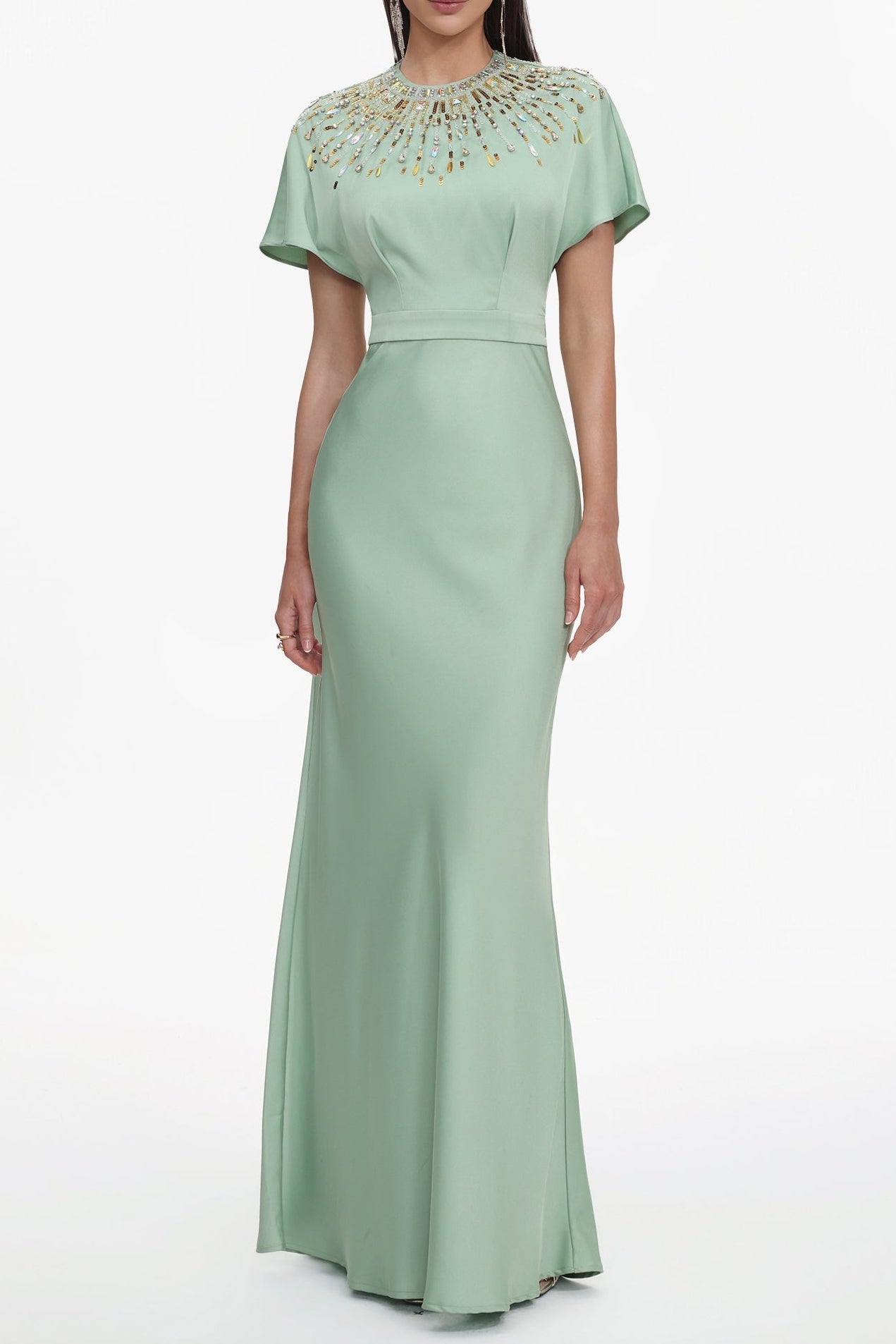 Lacey Short Sleeve Crystal Embellished Satin Maxi Dress Avalabel