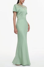 Lacey Short Sleeve Crystal Embellished Satin Maxi Dress Avalabel