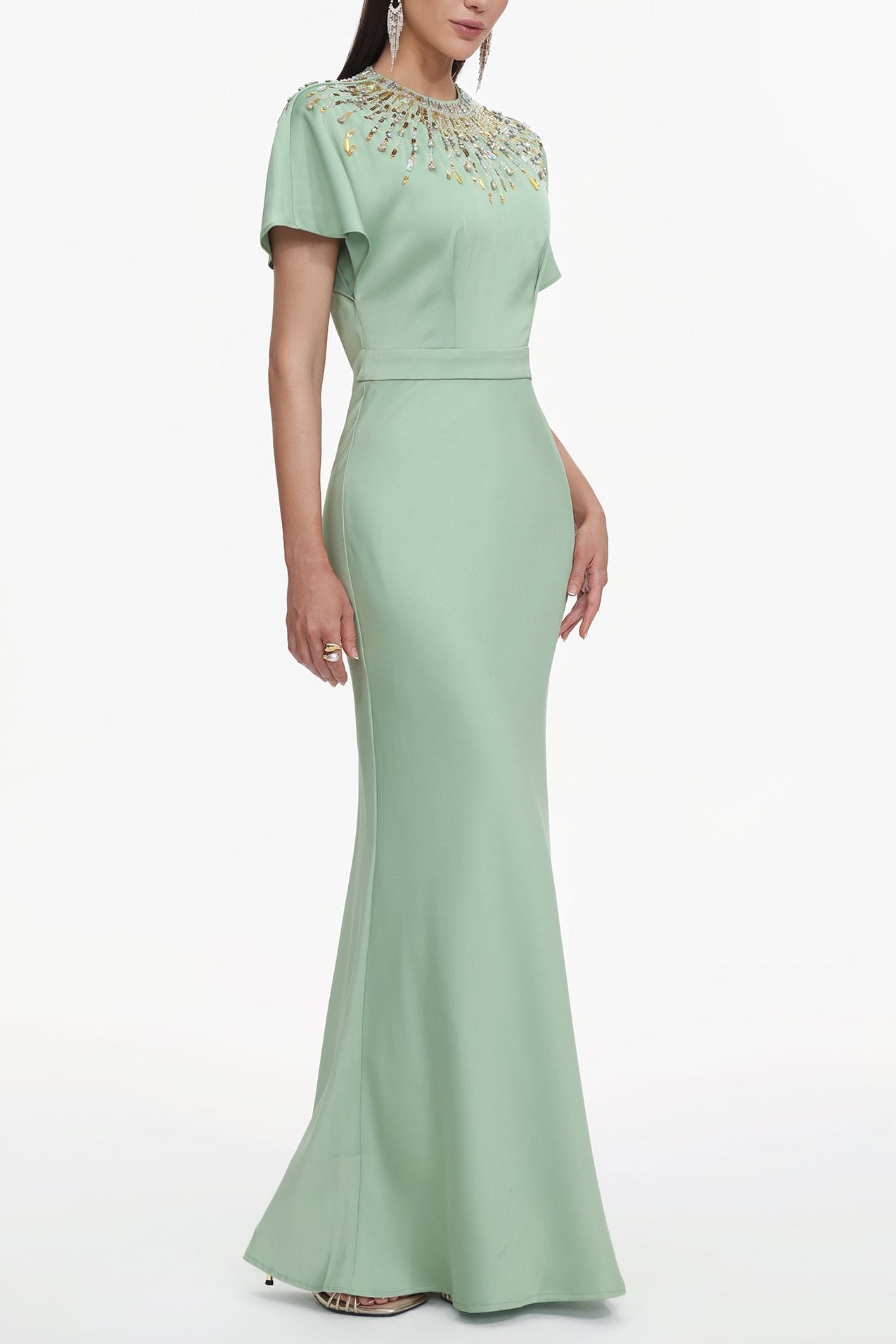 Lacey Short Sleeve Crystal Embellished Satin Maxi Dress Avalabel