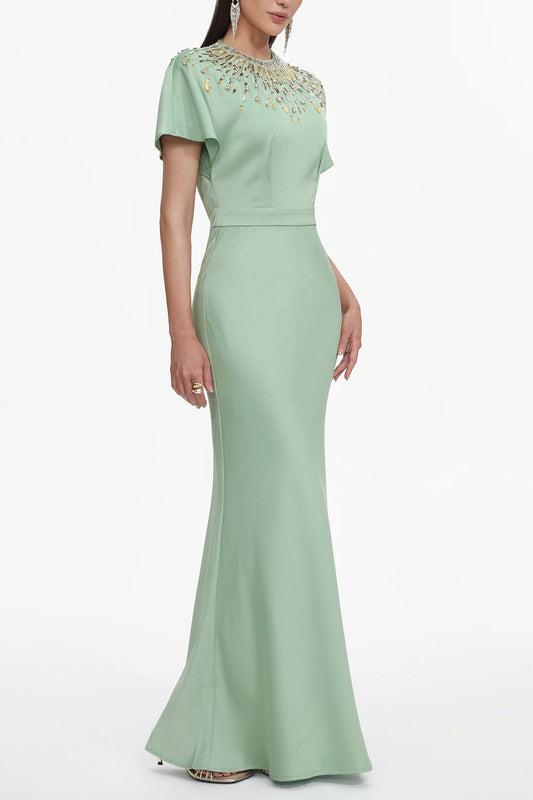 Lacey Short Sleeve Crystal Embellished Satin Maxi Dress