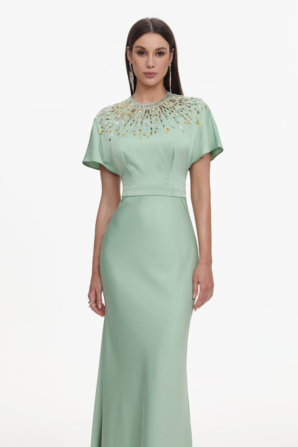 Lacey Short Sleeve Crystal Embellished Satin Maxi Dress Avalabel