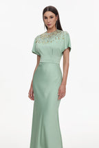 Lacey Short Sleeve Crystal Embellished Satin Maxi Dress Avalabel