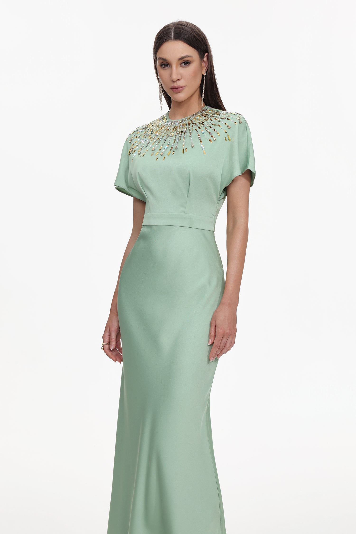 Lacey Short Sleeve Crystal Embellished Satin Maxi Dress Avalabel