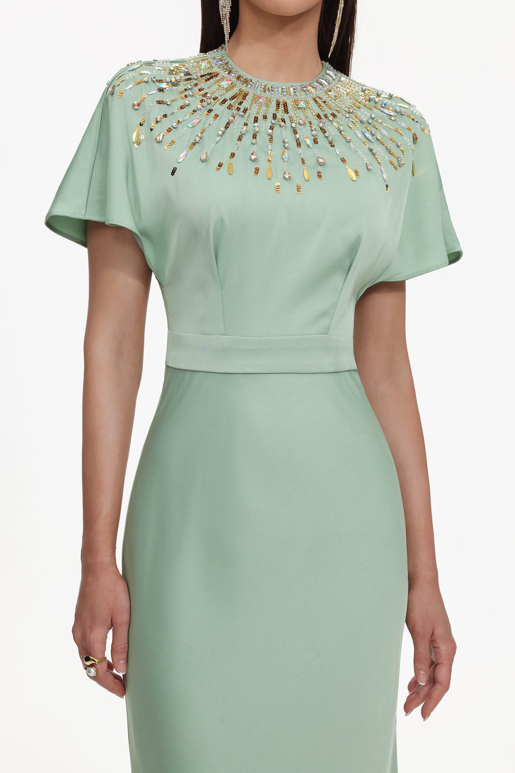 Lacey Short Sleeve Crystal Embellished Satin Maxi Dress Avalabel