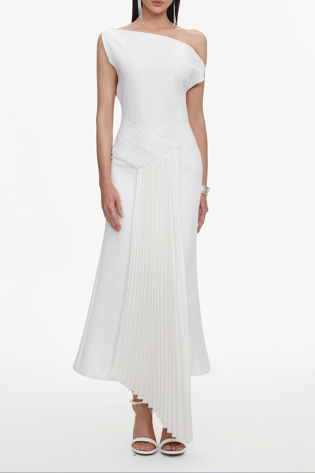 Paulina Oblique Shoulder Sleeveless Folds Midi Dress Avalabel