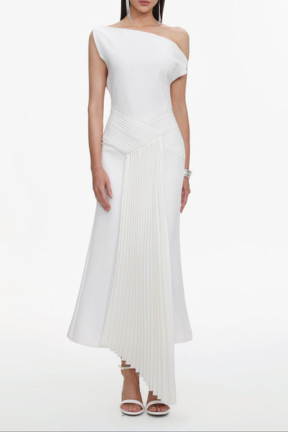 Paulina Oblique Shoulder Sleeveless Folds Midi Dress Avalabel