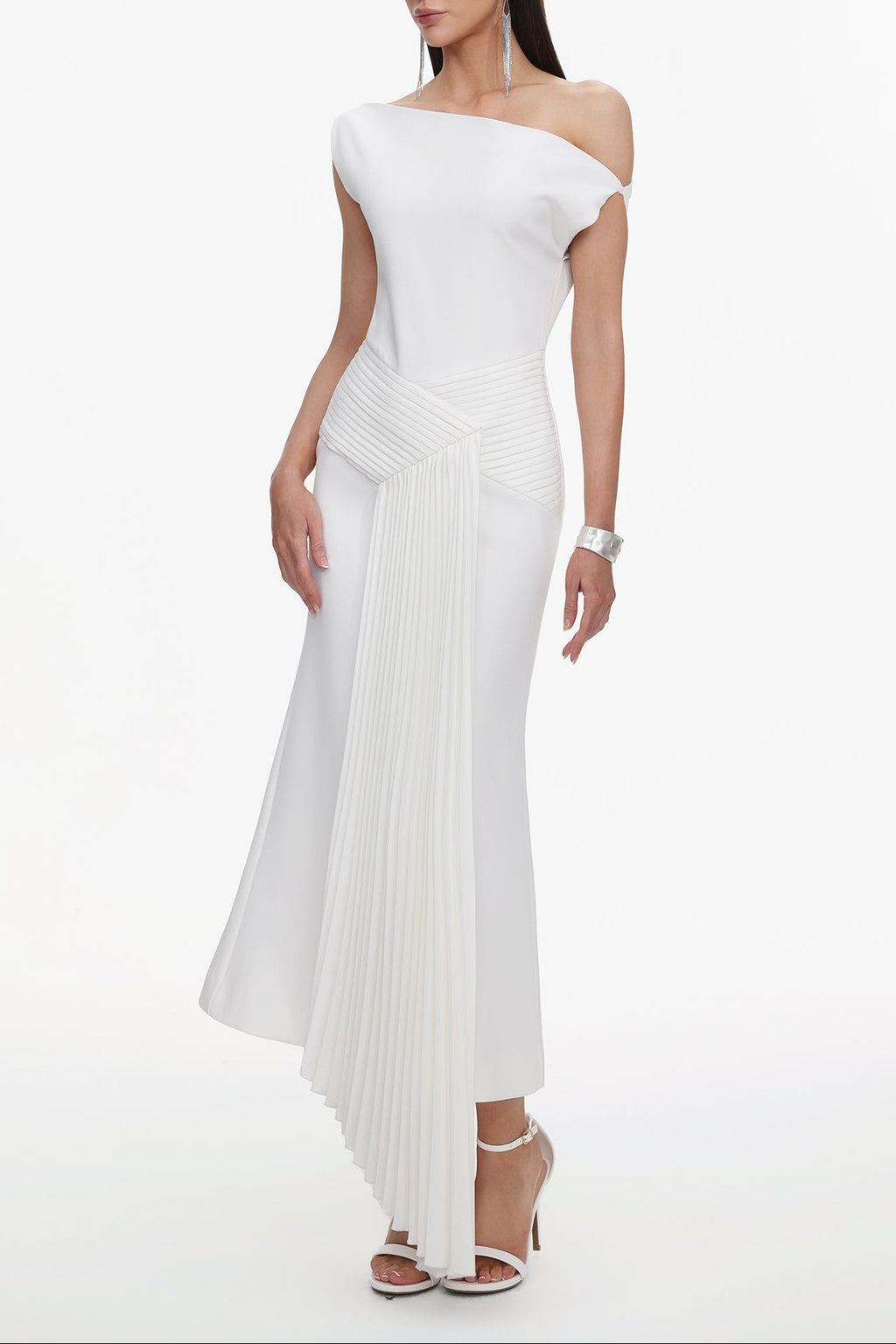 Paulina Oblique Shoulder Sleeveless Folds Midi Dress Avalabel