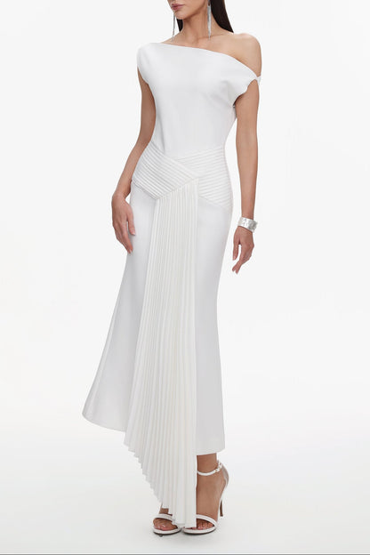 Paulina Oblique Shoulder Sleeveless Folds Midi Dress Avalabel