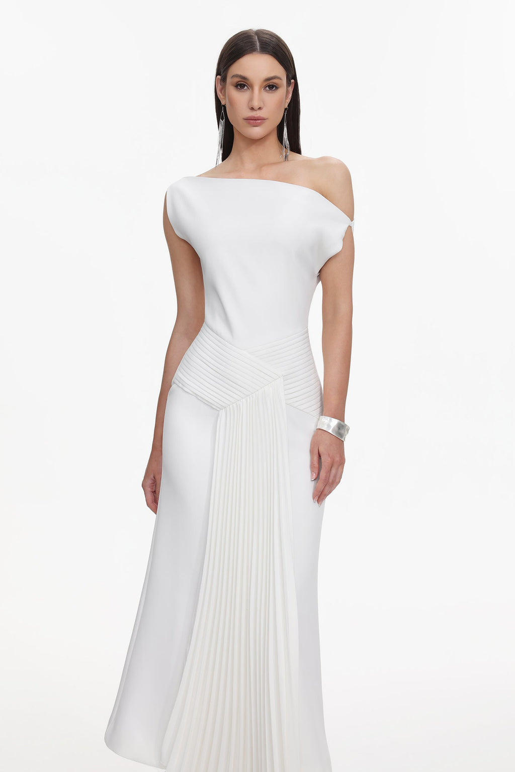 Paulina Oblique Shoulder Sleeveless Folds Midi Dress Avalabel