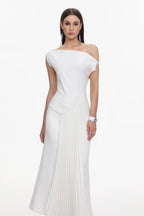 Paulina Oblique Shoulder Sleeveless Folds Midi Dress Avalabel