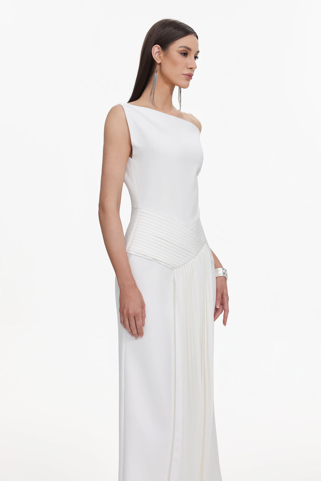 Paulina Oblique Shoulder Sleeveless Folds Midi Dress Avalabel