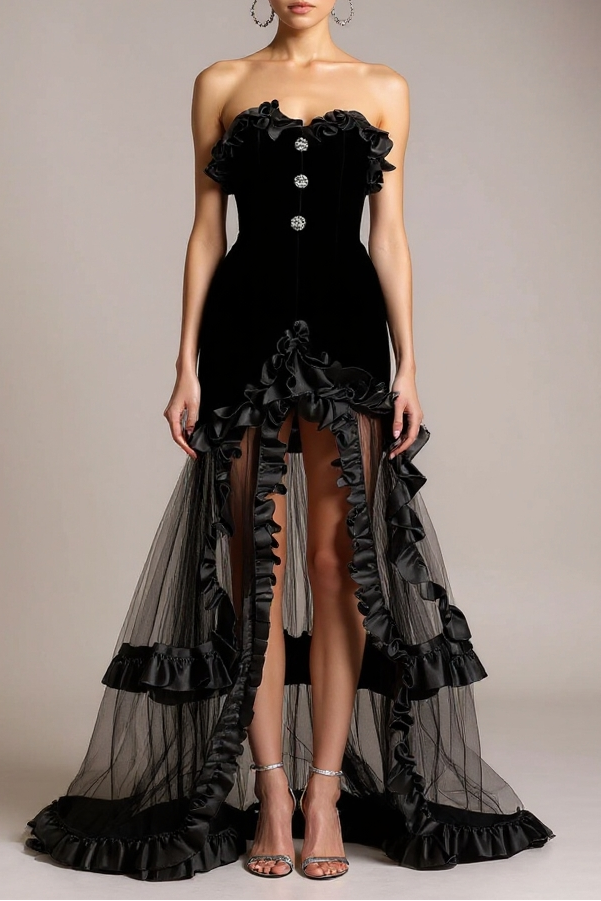 Yalie Ruffle Strapless Mesh Maxi Dress Avalabel