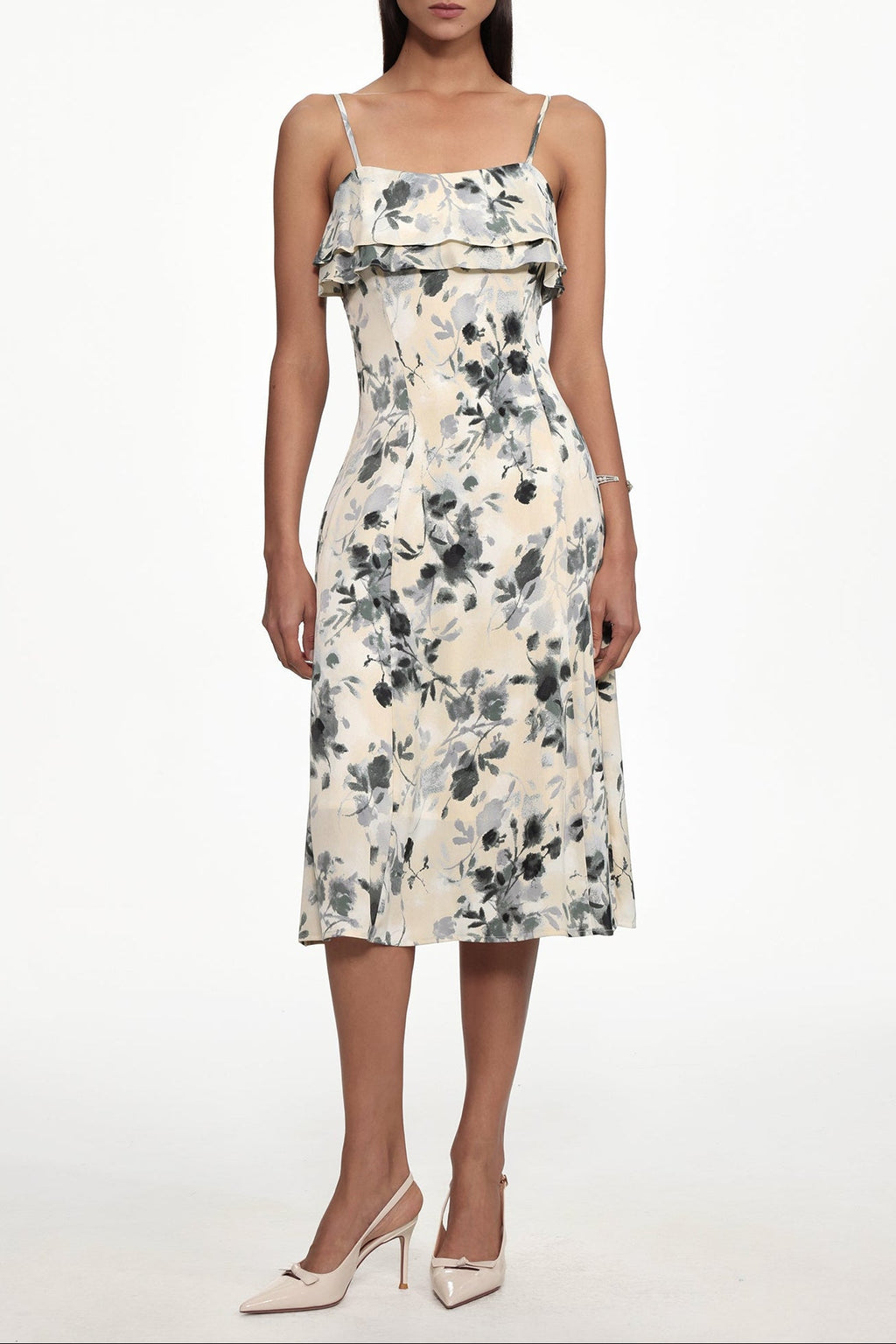 hilary Cinched Waist Sleeveless Ruffle Floral Print Woven Midi Dress Avalabel