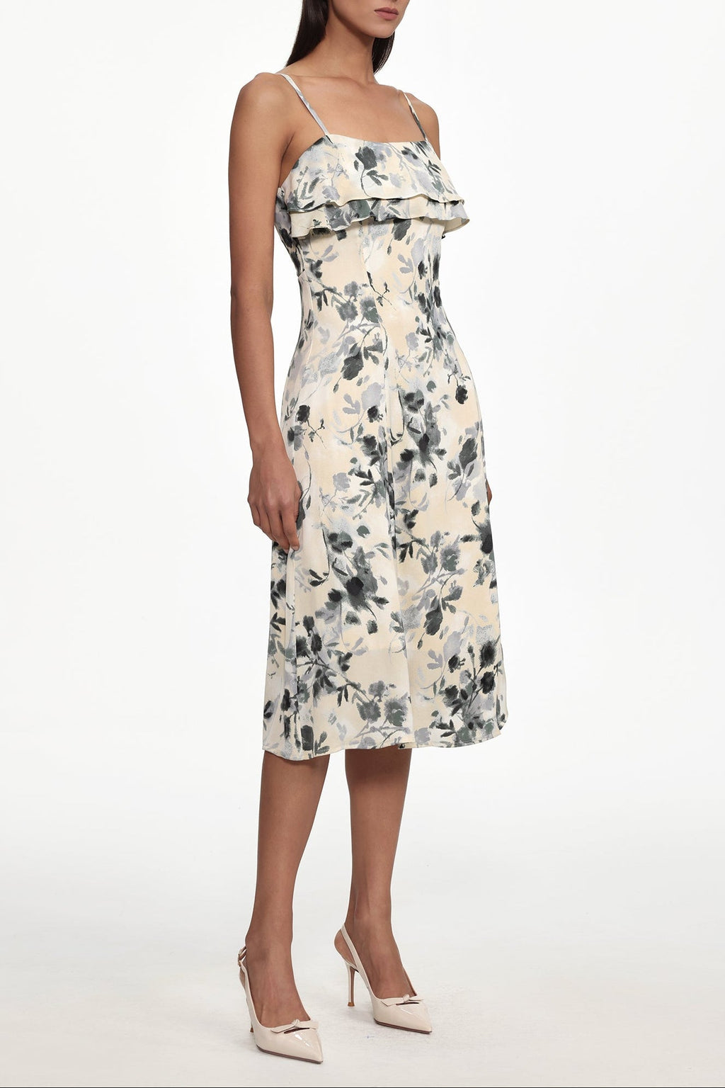 hilary Cinched Waist Sleeveless Ruffle Floral Print Woven Midi Dress Avalabel