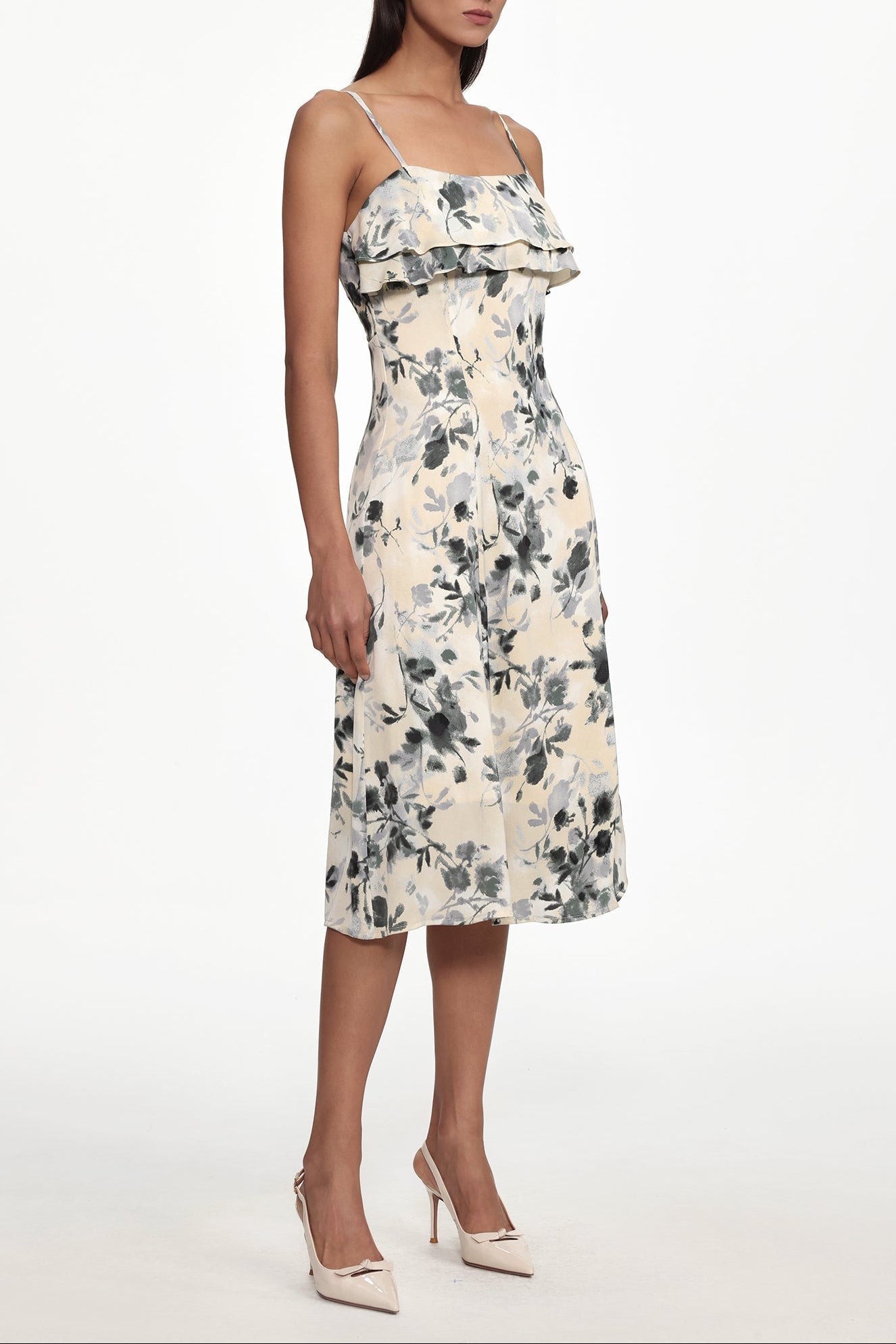 hilary Cinched Waist Sleeveless Ruffle Floral Print Woven Midi Dress Avalabel