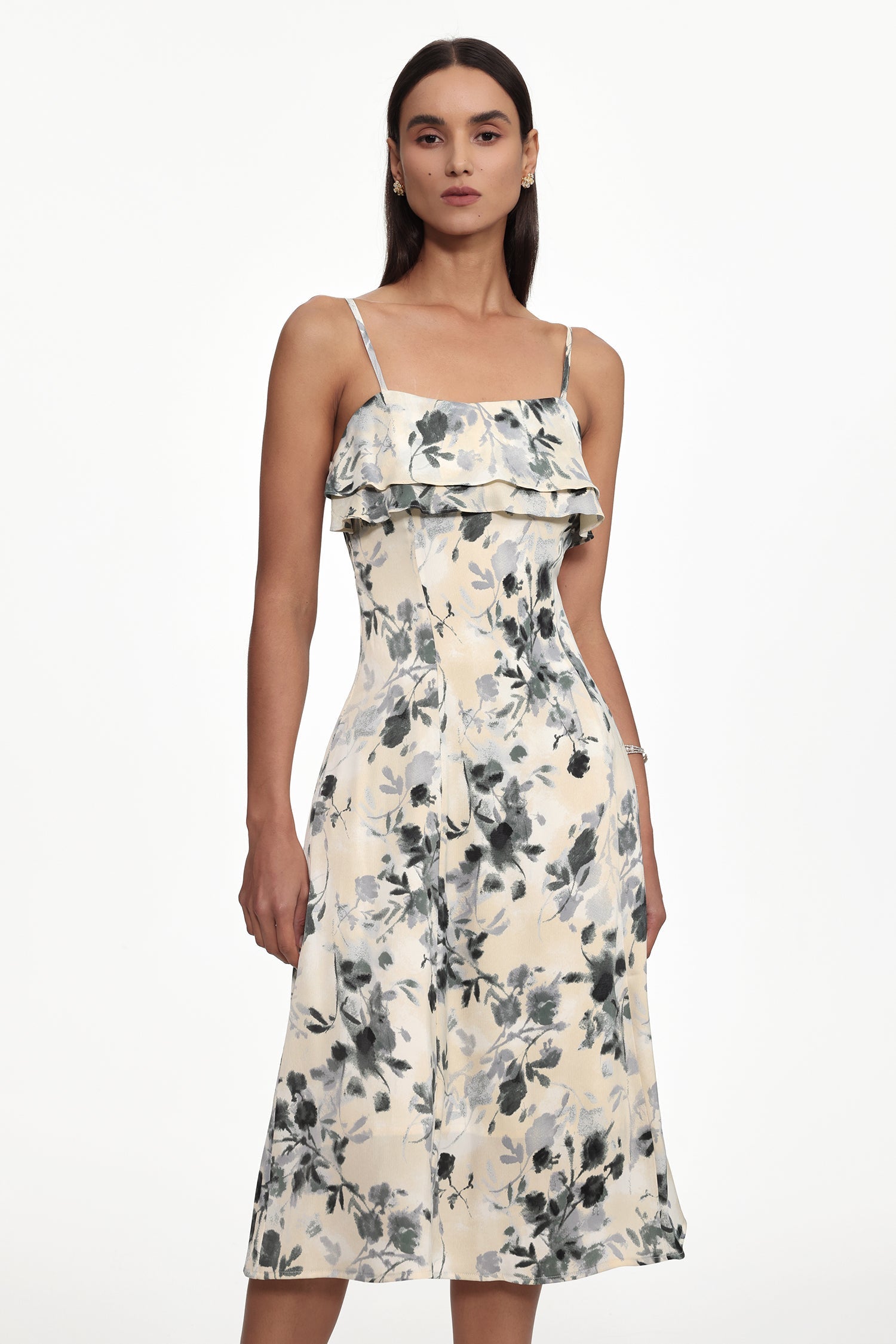hilary Cinched Waist Sleeveless Ruffle Floral Print Woven Midi Dress Avalabel